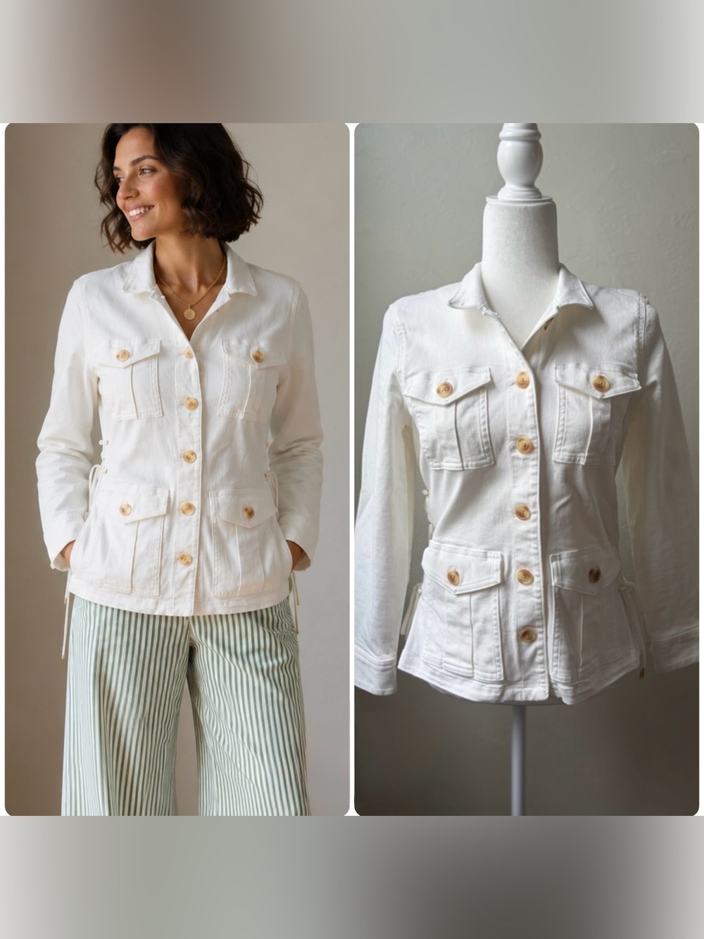 Spartina 449 Ivana Lace-Up Utility Jacket Pearl White Stretch Cotton XXS